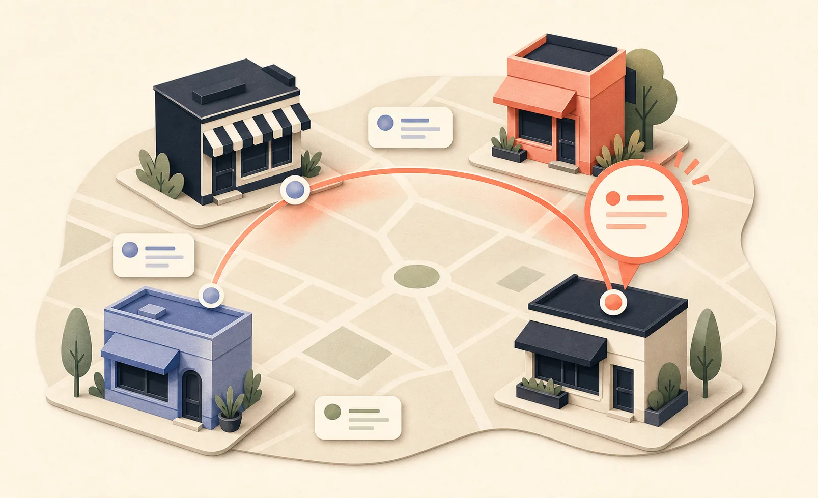 Four local storefronts connected by a competitor-monitoring signal
